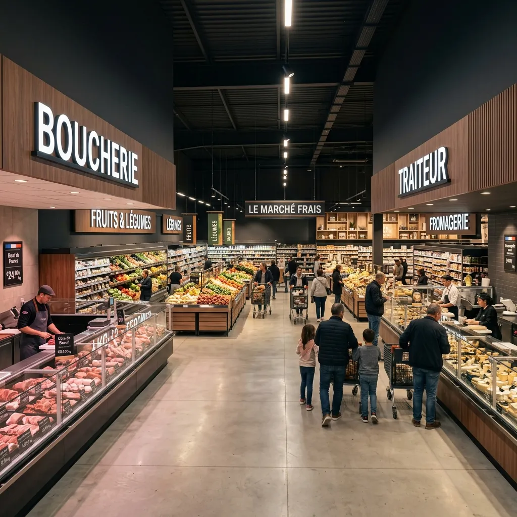 Intérieur d'un supermarché moderne et digitalisé avec écrans dynamiques